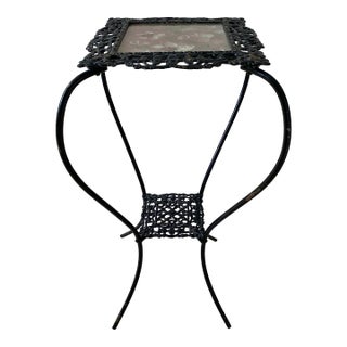 Early 20th Century Cast Iron Plant Stand With Hand-Painted Floral Top & Glass Cover For Sale