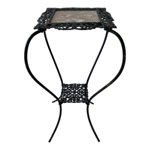 Early 20th Century Cast Iron Plant Stand With Hand-Painted Floral Top & Glass Cover