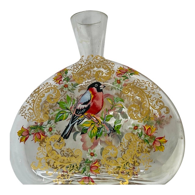 Vintage Italian Mariano Glass Hand Painted Enameled Bird Floral Perfume Bottle For Sale