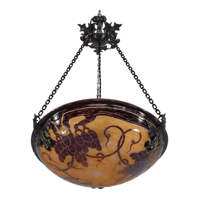 French Art Deco Pendant Light by Le Verre Francais Schneider - 1925 Cameo Chandelier France For Sale