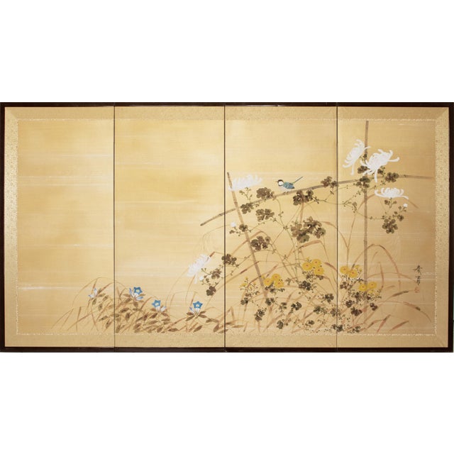 "Tit and Chrysanthemums", Showa Era Japanese Painted Silk Bybu Screen For Sale - Image 18 of 18