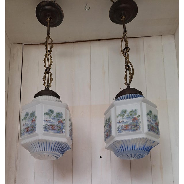 Antique German Art Nouveau Pendants with Opaque White Glass Shades, Japanese Motifs and Brass Mounts, 1900s, Set of 2 For Sale - Image 6 of 9