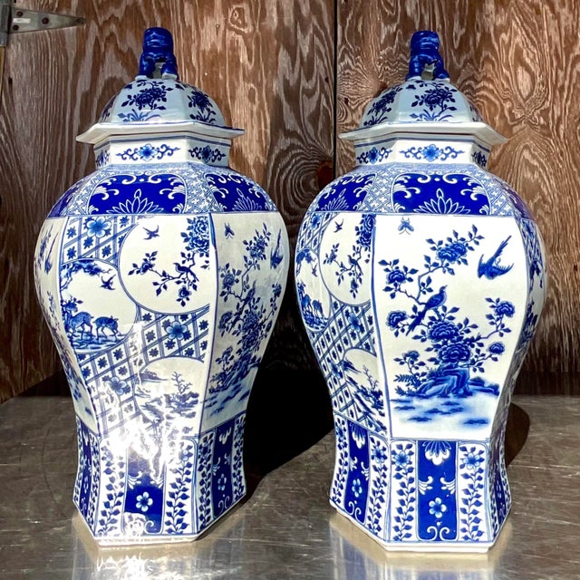 Vintage Asian Blue and White Urns - a Pair For Sale - Image 9 of 9