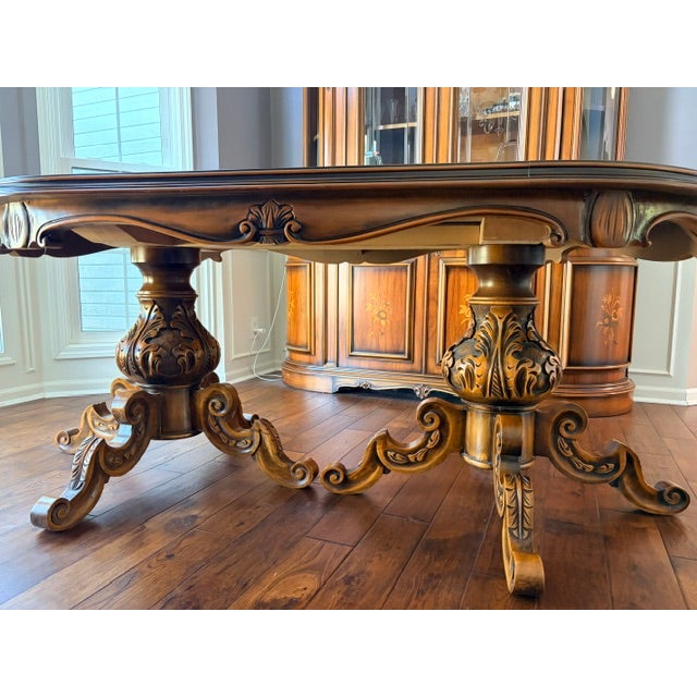 Baroque Vintage Italian Provincial Baroque-Style Floral Marquetry Dining Table and 8 Chairs For Sale - Image 3 of 9
