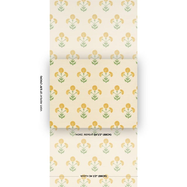 Inspired by traditional Indian hand-block designs, marigold-colored Saranda Flower Sisal wallpaper features stylized...