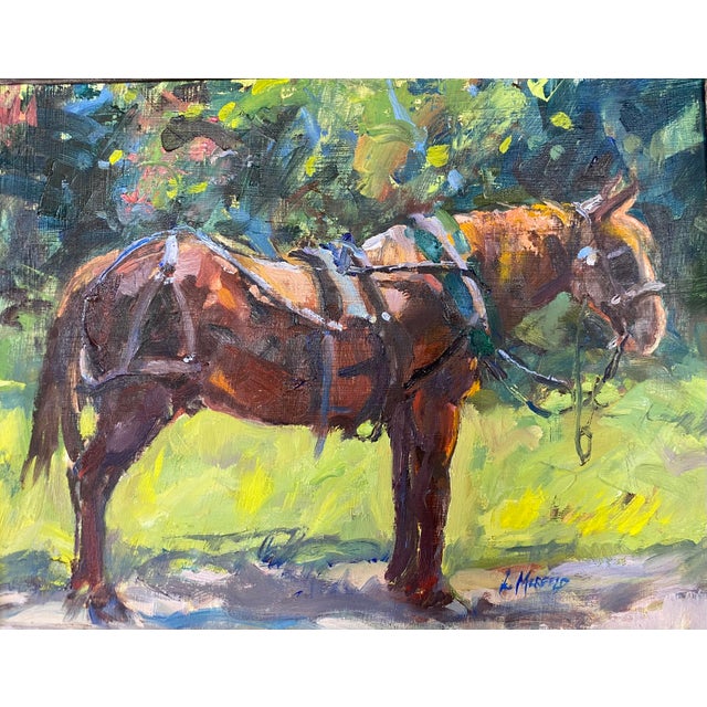 Contemporary "Half Hitched" ~ Lorie Batson, Original Oil Painting. Portrait of an Amish Horse Stands in a Colorful Summer Background For Sale - Image 3 of 12