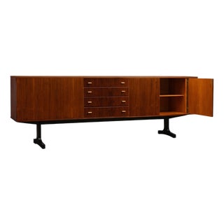 Cimo Brazilian Rosewood Credenza with Ebony-Finished Legs and Brass Hardware, Brazil, 1960s — Architectural Storage with Eight Compartments - Lot 319 For Sale