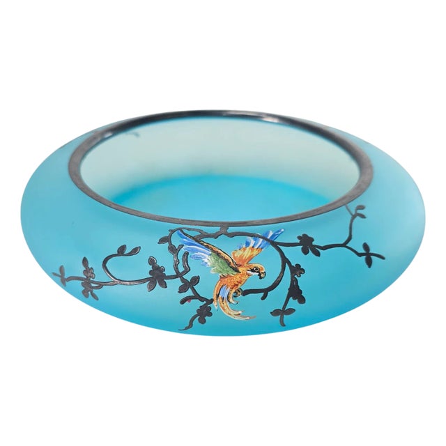 Exquisite 1910s Art Nouveau Blue Satin Glass Bowl – Silver Overlay & Parrot Motif For Sale