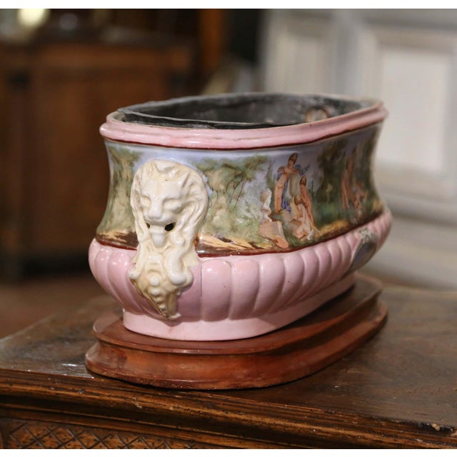 19th Century French Hand Painted Faience Jardinière on Wood Base With Zinc Tray For Sale - Image 4 of 8