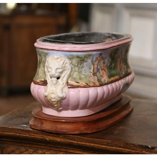 19th Century French Hand-Painted Faience Jardinière With Zinc Liner on Wood Base For Sale - Image 4 of 8