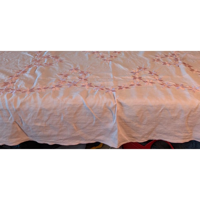Hollywood Regency 50's Embroidered Linen Square Tablecloth For Sale - Image 3 of 5