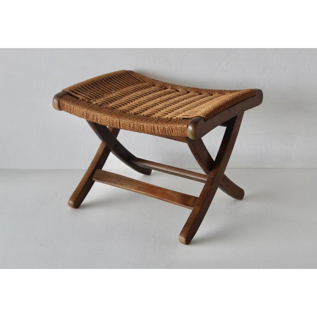 Hans Wegner Mid-Century Danish Modern Hans Wegner Style Wood Rope Cord Folding Stool Ottoman For Sale - Image 4 of 18