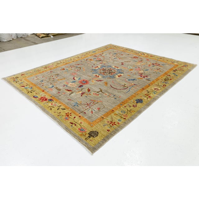 2020s Hand-Knotted Modern Chinese Botanical Wool Area Rug - Slate Grey & Marigold For Sale - Image 5 of 11
