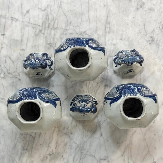 Set of Five 18th Century Dutch Delft Biblical-Themed Garniture Vases For Sale - Image 16 of 18