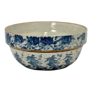 Unusual & Extensive Blue Spongeware Decorated Antique American Stoneware 11 Inch Kitchen Mixing Bowl