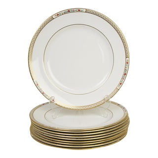 Ten Spode Golden Trellis Gilded Dinner Plates - Set of 10 For Sale