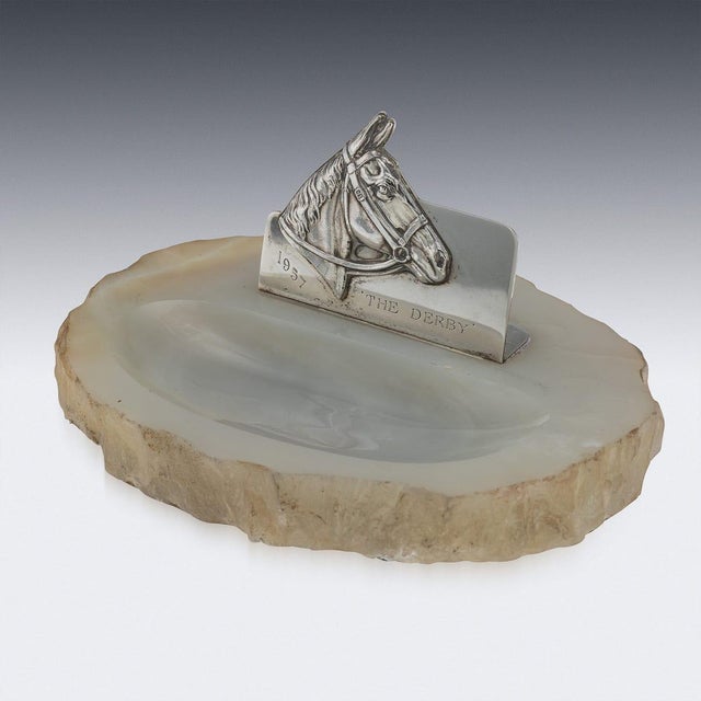 Vintage English Silver and Agate Horse Racing Themed Ashtray, 1956 For Sale - Image 3 of 13