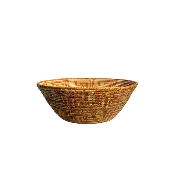 Wood Vintage Large Size Southwest Style Coiled Reed Basket With Geometric Pattern 26” Diameter For Sale - Image 7 of 11