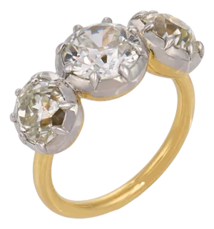 Mid 20th Century Gia 4.58 Carat Old Cut Diamond 18k Yellow Gold Colette Set Three Stone Ring, , Size 6.5