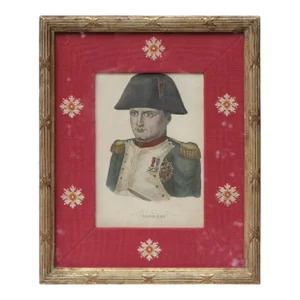 Early 20th Century Portrait Lithograph of Napoleon with Needlepoint Matte, Framed