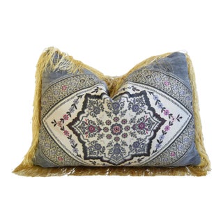 French Floral Velvet Feather /Down Pillow W/ Fringe 27” X 18” For Sale