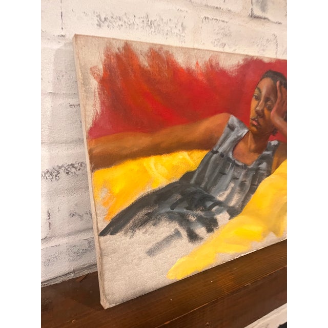 Offered is an original figurative painting depicting a reclining woman, rendered in a striking palette of crimson red,...