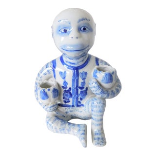 Vintage Late 20th Century Chinoiserie Blue & White Monkey Candle Stick Holders For Sale