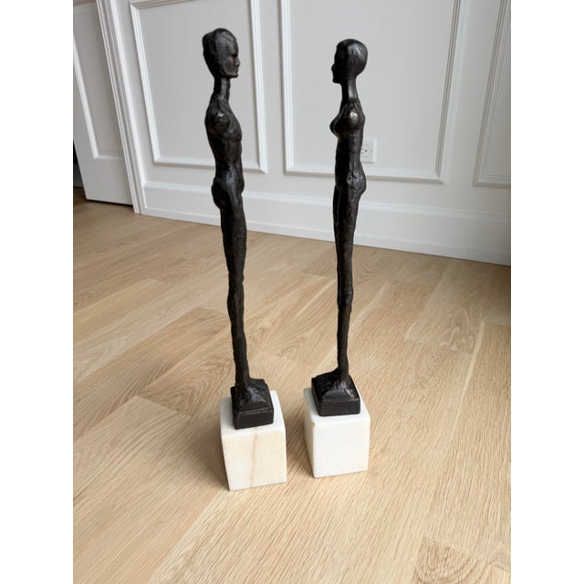 Global Views Vintage Brutalust Global Views Giacometti Style Male & Female Figural Sculptures on Marble Bases — Pair For Sale - Image 4 of 6