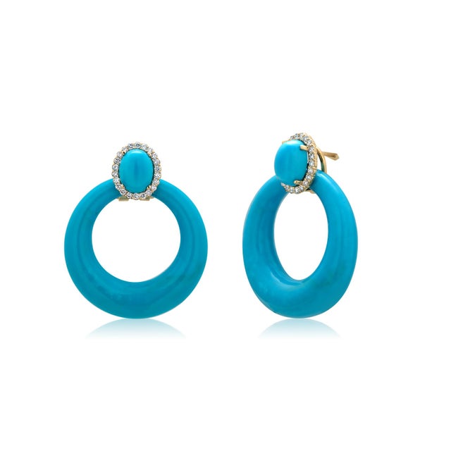 Metal 14KYl Gold Door Knocker Clip-on Earrings With Turquoise & Diamond 66.46ct Status:Published - Marketplace, Pair For Sale - Image 7 of 9