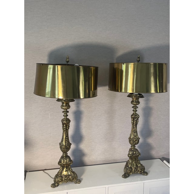 Antique Palatial Baroque Style Brass Lamps With Brass Shades - a Pair For Sale - Image 10 of 12