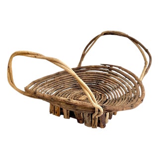 Vintage French Folk Art Adirondack Style Grapevine Gathering Basket With Double Handles, Mid-Century Rustic Market Basket 24” Wide For Sale