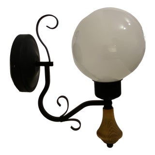 Vintage Opal Glass Globe Wall Lamp with Wood Detail, Europe, 1970s For Sale