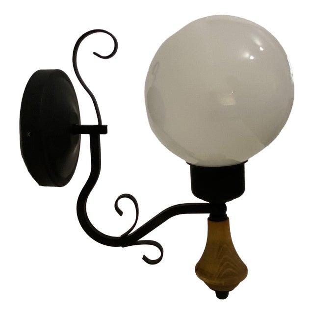 Vintage Opal Glass Globe Wall Lamp with Wood Detail, Europe, 1970s For Sale