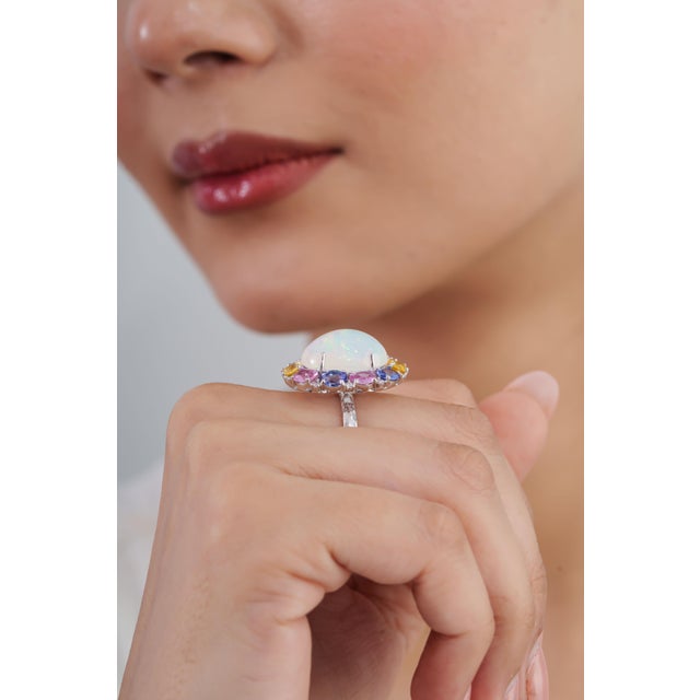 Royal Blue 9.01ct Ethiopian Fire Opal, Multi-Sapphire and Diamond Antique 18k White Gold Ring Size 4 For Sale - Image 8 of 18