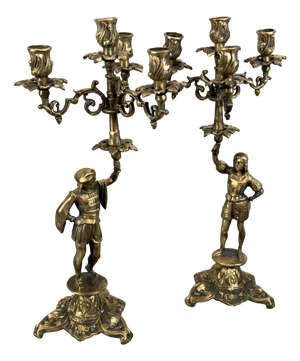 Renaissance Revival Brass Candelabras with Noble Figures, 1960s, Set of 2