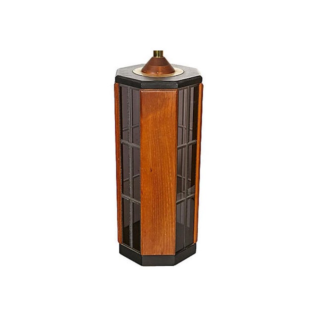 1970s Smoked Glass & Wood Table Lamp For Sale In Boston - Image 6 of 7