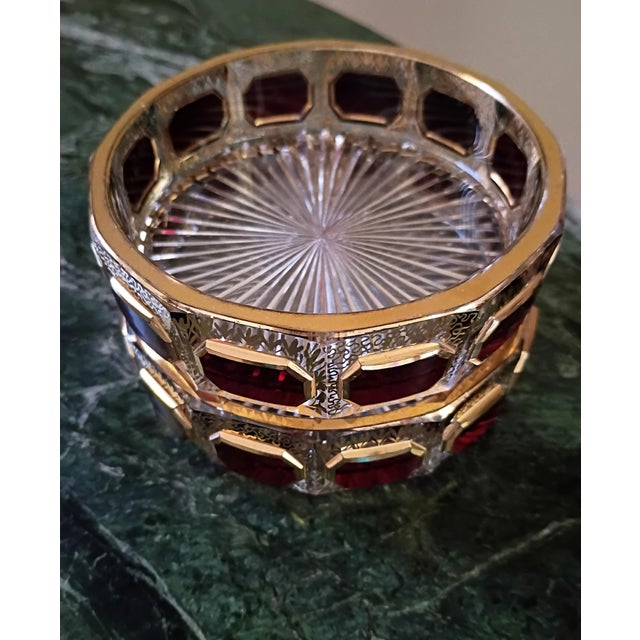 Glass 1920s Moser Art Deco Czech 24k Gold & Ruby Cabochon Crystal Pair of Ashtrays For Sale - Image 7 of 10