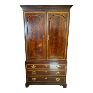 Vintage Drexel Heritage Flame Mahogany Georgian Carved Armoire With Brass Hardware For Sale