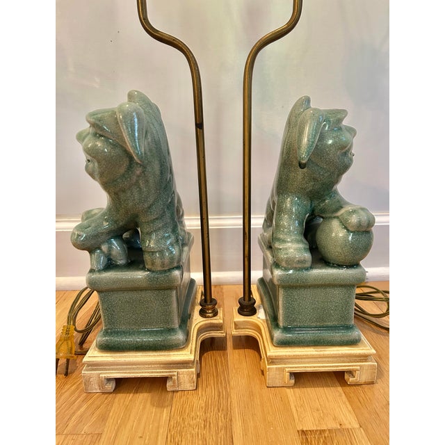 Vintage Celadon Crackle Glaze Chinoiserie Foo Dog Lamps - A Pair For Sale - Image 9 of 15