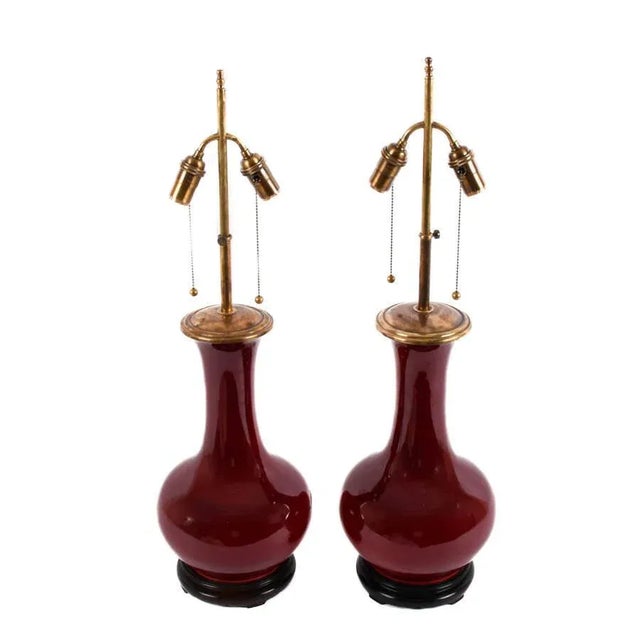 Pair of Mid-Century Oxblood Sang De Boeuf Chinese Porcelain Vase Lamps With Brass Double Sockets, Circa 1950s For Sale - Image 4 of 8