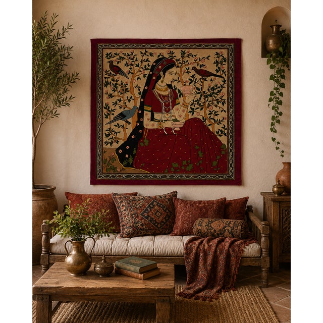 A captivating vintage silk embroidered textile depicting an elegant Mughal-inspired woman seated among flowering trees and...