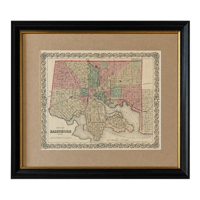 Antique Baltimore, Maryland City Map | Hand-Colored Engraving | Custom Framed For Sale