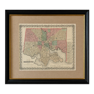 Antique Baltimore, Maryland City Map | Hand-Colored Engraving | Custom Framed