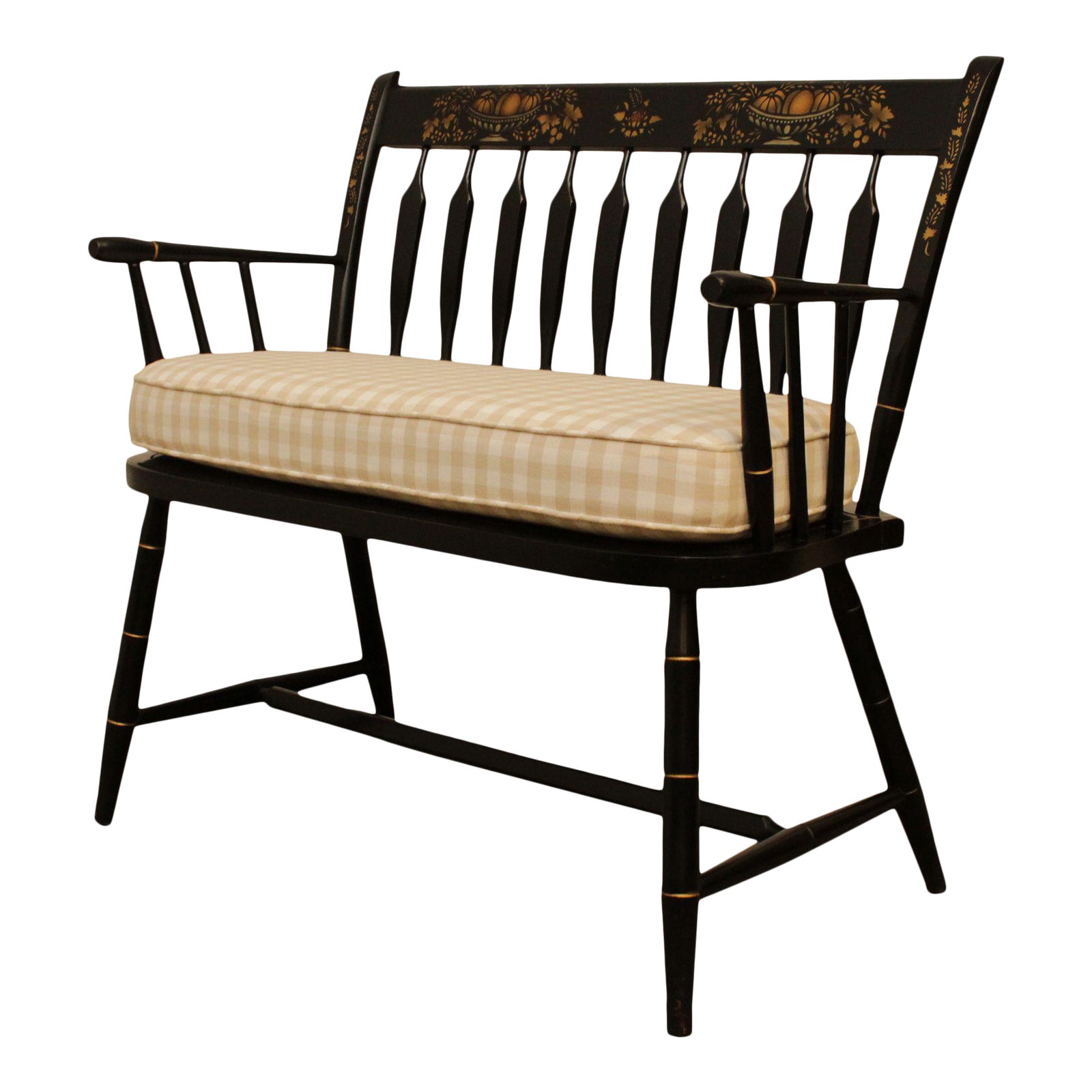 Nichols & Stone Black Lacquered Stenciled Hitchcock Style Windsor Bench