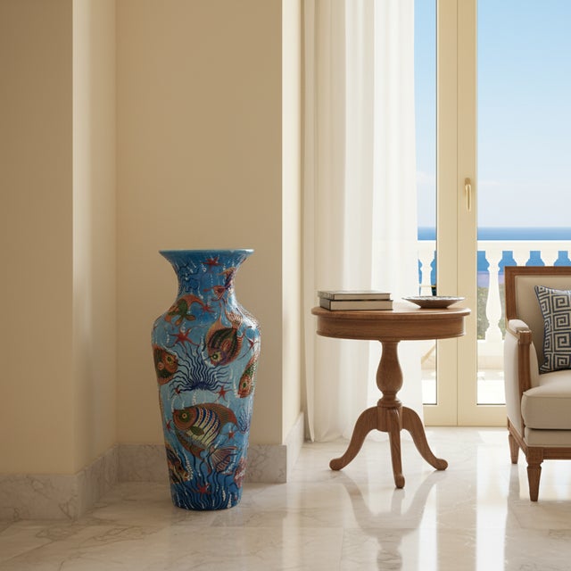 Handmade Ceramic Grand Column Vase (50cm) Embossed Aegean Aquarium & Coral Reef Floor Vase For Sale - Image 4 of 10
