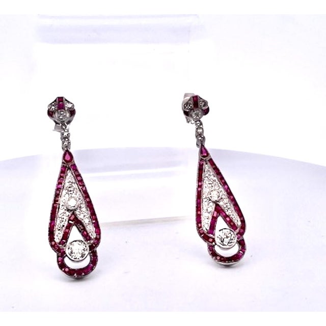 1990s Pair of Art Deco 18k White Gold Ruby Diamond Drop Earrings, 2" Length For Sale - Image 12 of 12