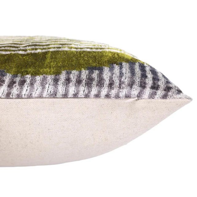 Mid-Century Modern Luxury Silk Velvet Pillow 16x24 – Handmade Green & Gray Geometric Lumbar Cushion For Sale - Image 3 of 8