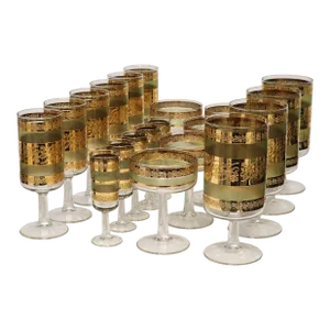 Vintage Culver Starlyte Green Collection Heavy 22k Gold Stripe Stemware Set- 20 Pieces