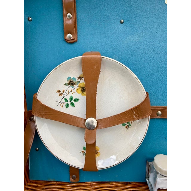 Vintage English Sirram Wicker Picnic Hamper Suitcase With Blue Interior & Plates For Sale - Image 10 of 14
