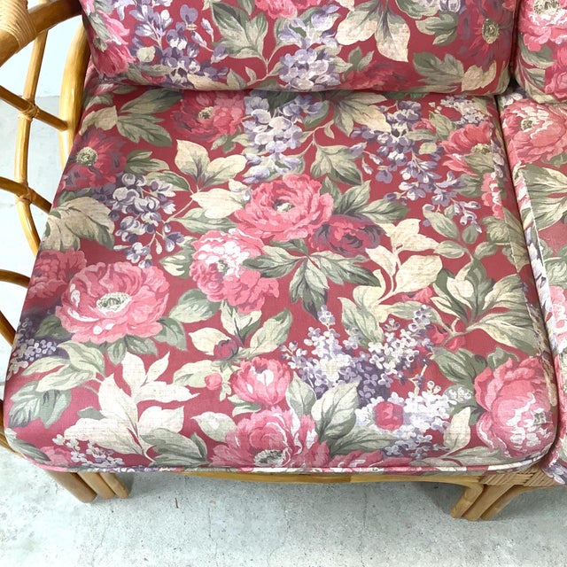 Wood Vintage Palm Beach Style Rattan Sofa With Architectural Lattice Back For Sale - Image 7 of 18